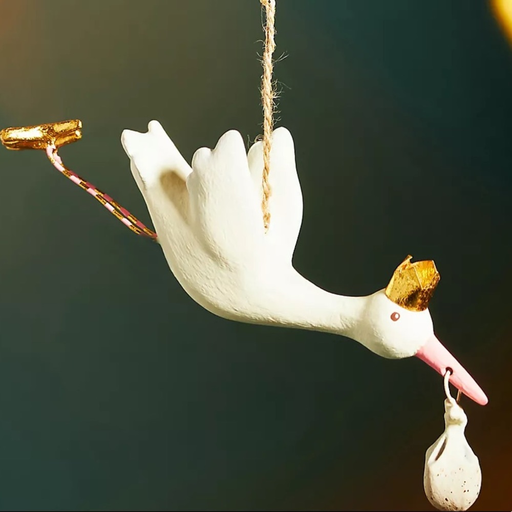 Anthropologie White and Gold Stork Ornament